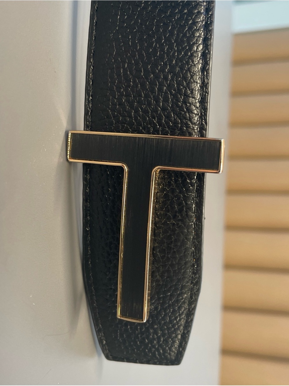 Tom Ford Black Leather Belt with Gold-Trim T Buckle